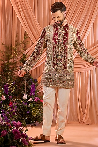 Green & Gold Crepe Silk Floral Embroidered Short Kurta by Kasbah Clothing