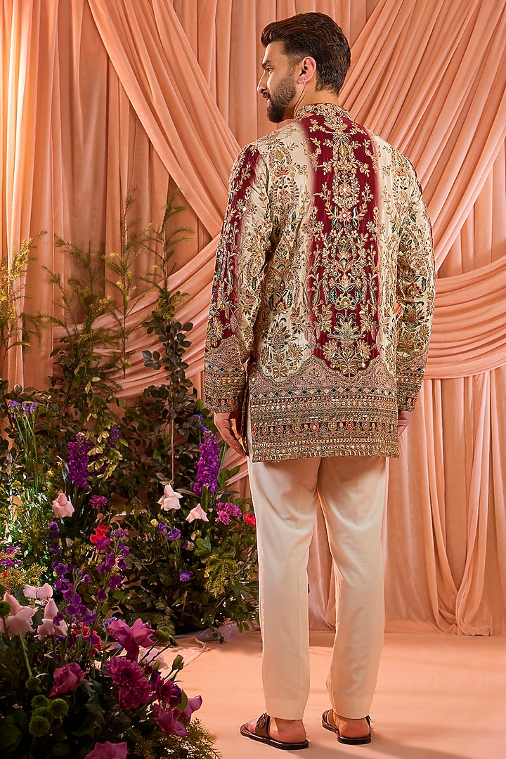 Green & Gold Crepe Silk Floral Embroidered Short Kurta by Kasbah Clothing at Pernia's Pop Up Shop