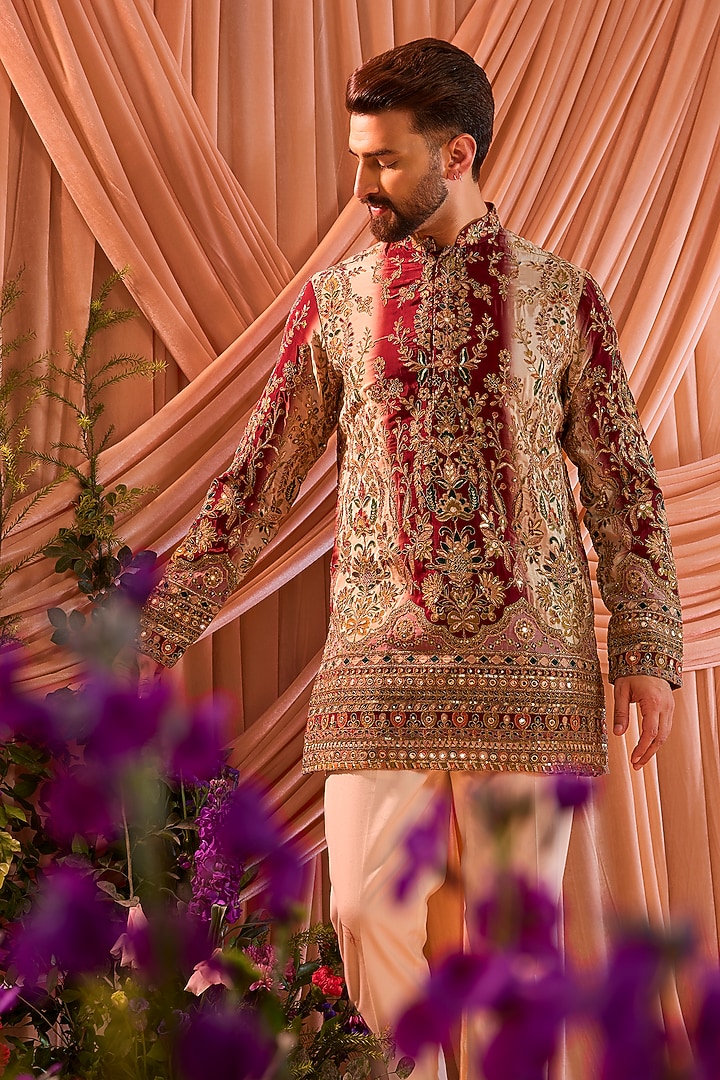 Green & Gold Crepe Silk Floral Embroidered Short Kurta by Kasbah Clothing at Pernia's Pop Up Shop