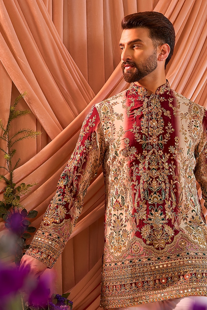 Green & Gold Crepe Silk Floral Embroidered Short Kurta by Kasbah Clothing at Pernia's Pop Up Shop