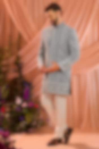 Black Georgette Cutdana Embroidered Wedding Sherwani by Kasbah Clothing at Pernia's Pop Up Shop