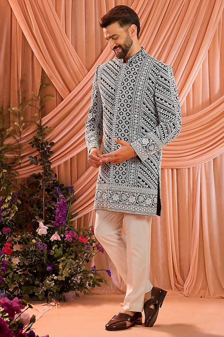 Black Georgette Cutdana Embroidered Wedding Sherwani by Kasbah Clothing at Pernia's Pop Up Shop
