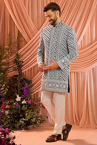 Black Georgette Cutdana Embroidered Sherwani by Kasbah Clothing