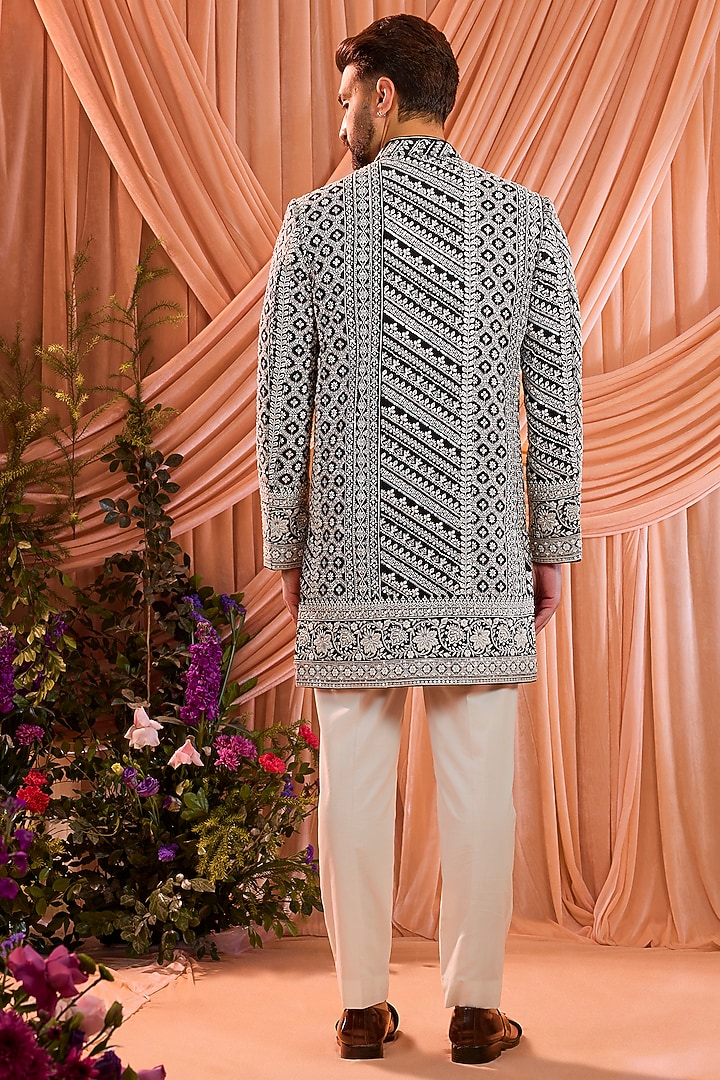 Black Georgette Cutdana Embroidered Wedding Sherwani by Kasbah Clothing at Pernia's Pop Up Shop