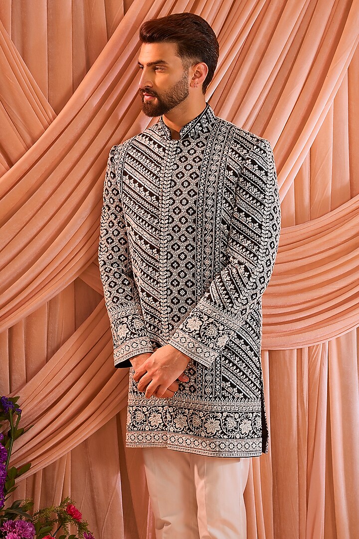 Black Georgette Cutdana Embroidered Wedding Sherwani by Kasbah Clothing at Pernia's Pop Up Shop
