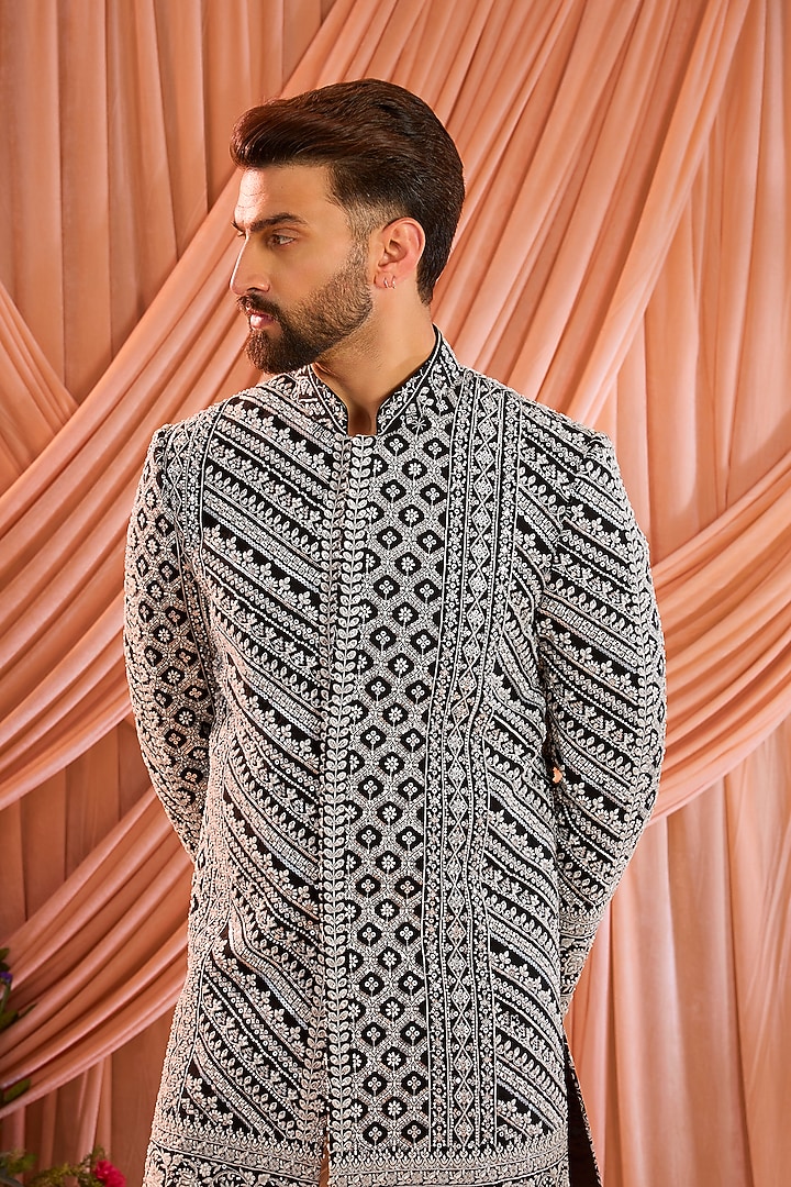 Black Georgette Cutdana Embroidered Wedding Sherwani by Kasbah Clothing at Pernia's Pop Up Shop