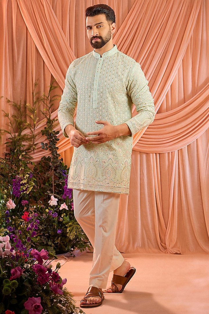 Aqua Blue Georgette Thread Embroidered Short Kurta by Kasbah Clothing at Pernia's Pop Up Shop