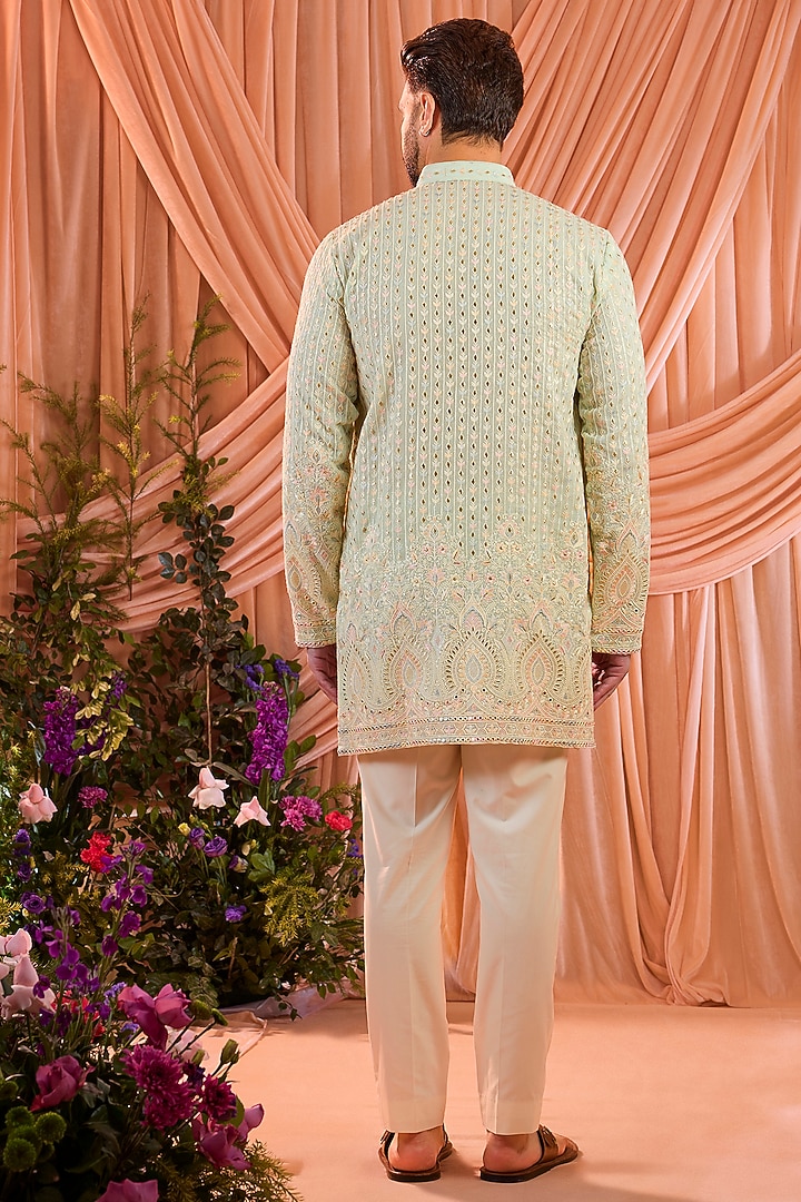 Aqua Blue Georgette Thread Embroidered Short Kurta by Kasbah Clothing at Pernia's Pop Up Shop
