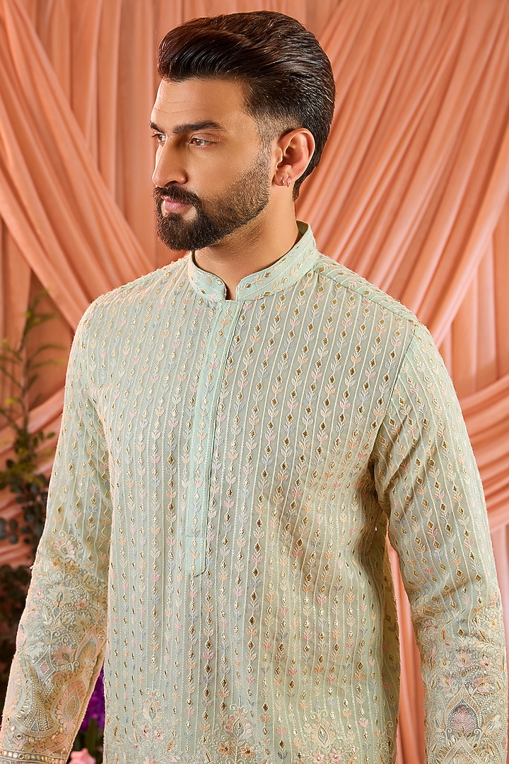 Aqua Blue Georgette Thread Embroidered Short Kurta by Kasbah Clothing at Pernia's Pop Up Shop