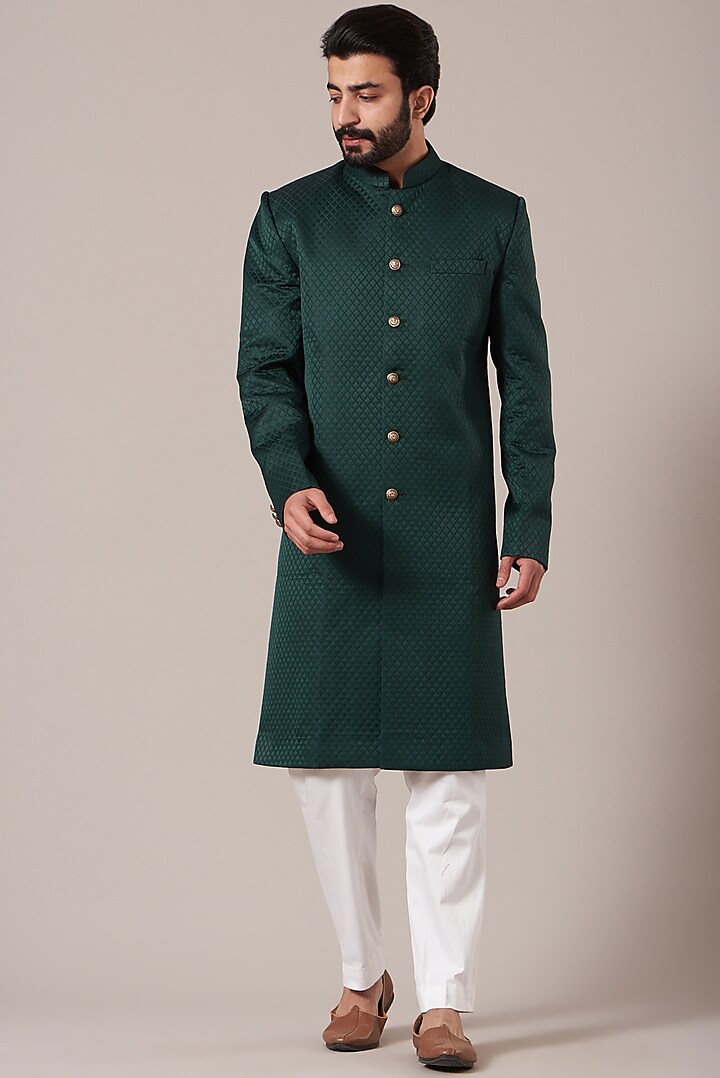 Bottle Green Quilted Indowestern Wedding Sherwani by Kasbah Clothing at Pernia's Pop Up Shop