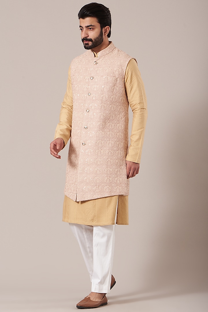 Peach Chikankari Embroidered Nehru Jacket by Kasbah Clothing