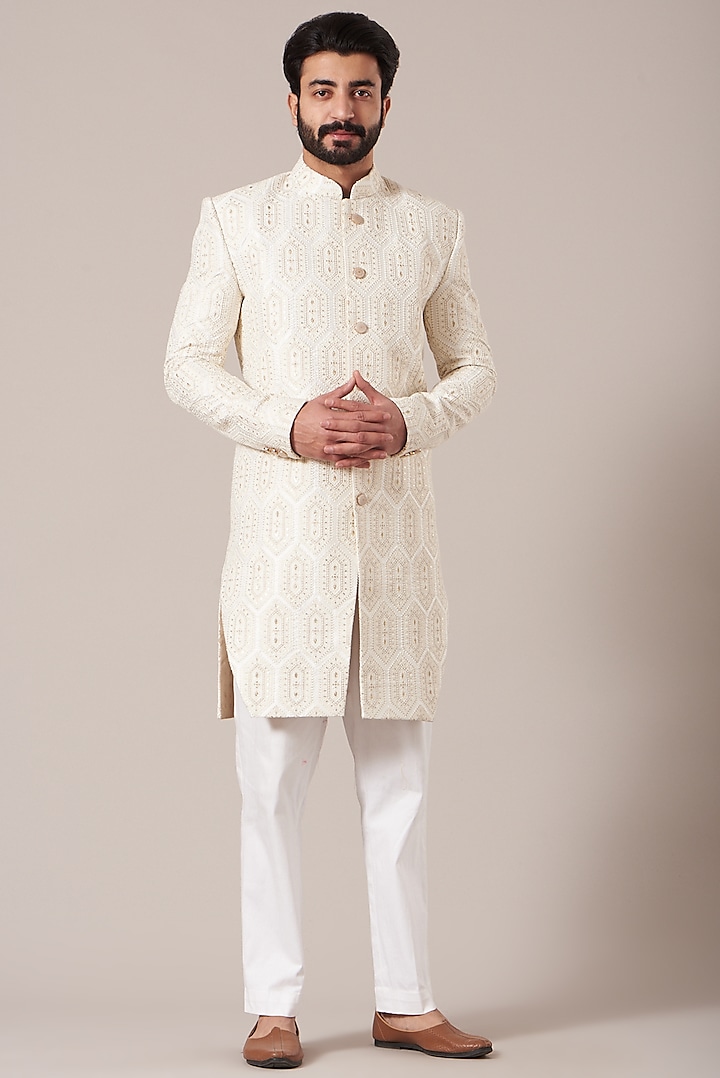 White Embroidered Indowestern Wedding Sherwani by Kasbah Clothing at Pernia's Pop Up Shop