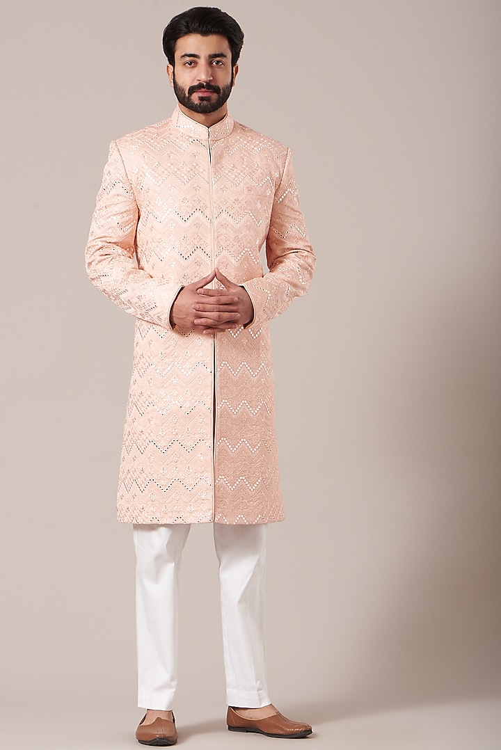 Peach Embroidered Sherwani by Kasbah Clothing