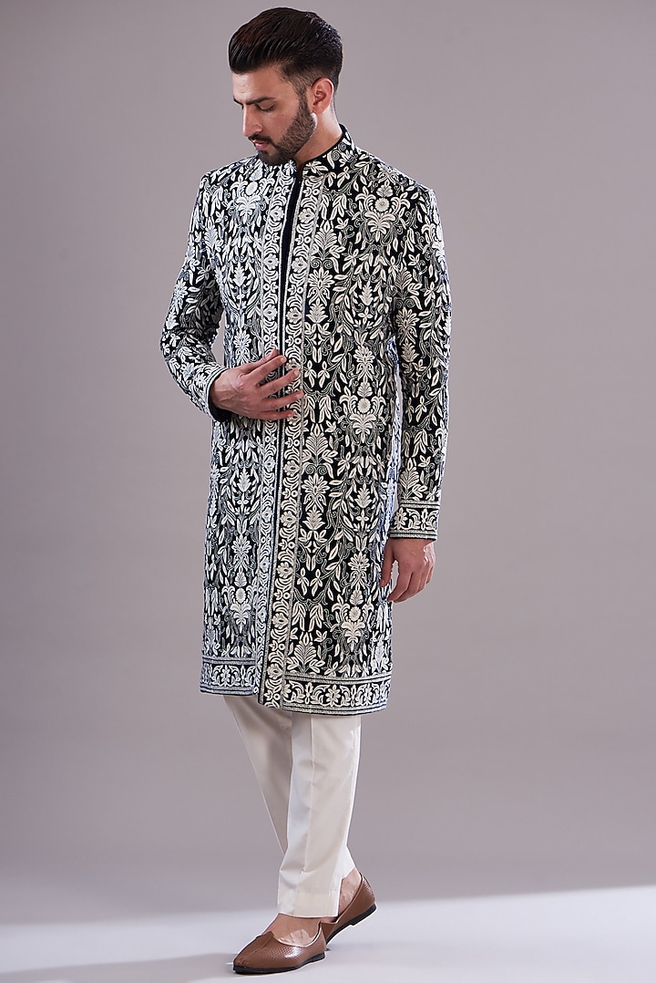 Blue Velvet Thread Embroidered Indo-Western Sherwani by Kasbah Clothing