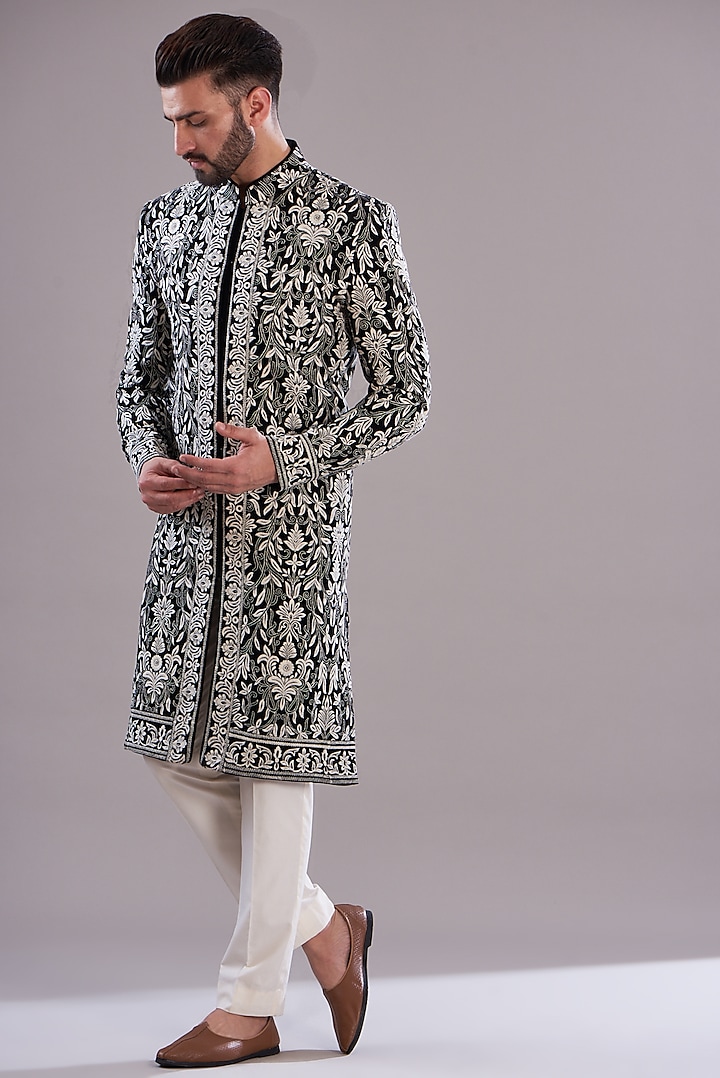 Black Velvet Thread Embroidered Indo-Western Jacket by Kasbah Clothing