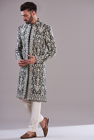 Black Velvet Thread Embroidered Indo-Western Jacket by Kasbah Clothing