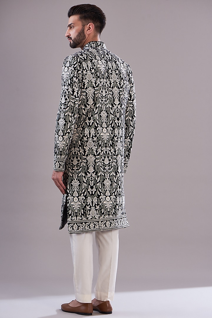 Black Velvet Thread Embroidered Indo-Western Jacket by Kasbah Clothing at Pernia's Pop Up Shop