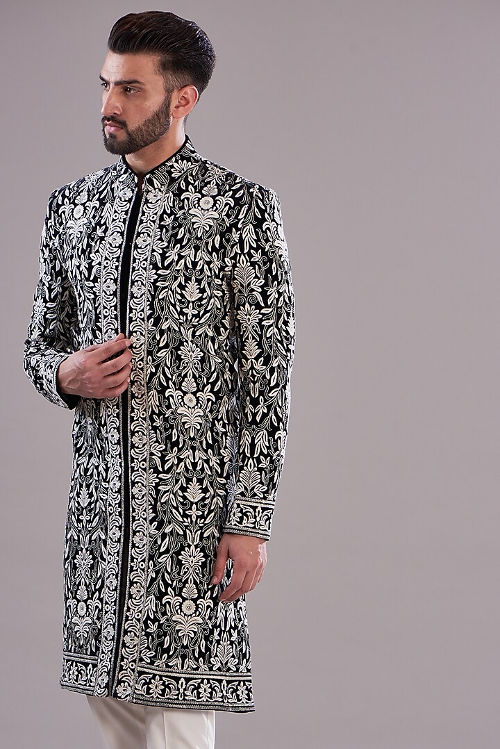 Black Velvet Thread Embroidered Indo-Western Jacket by Kasbah Clothing at Pernia's Pop Up Shop