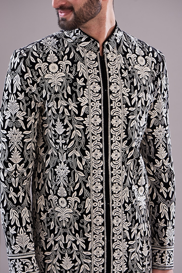 Black Velvet Thread Embroidered Indo-Western Jacket by Kasbah Clothing at Pernia's Pop Up Shop