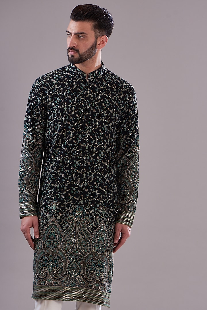 Black Georgette Thread Embroidered Kurta by Kasbah Clothing at Pernia's Pop Up Shop