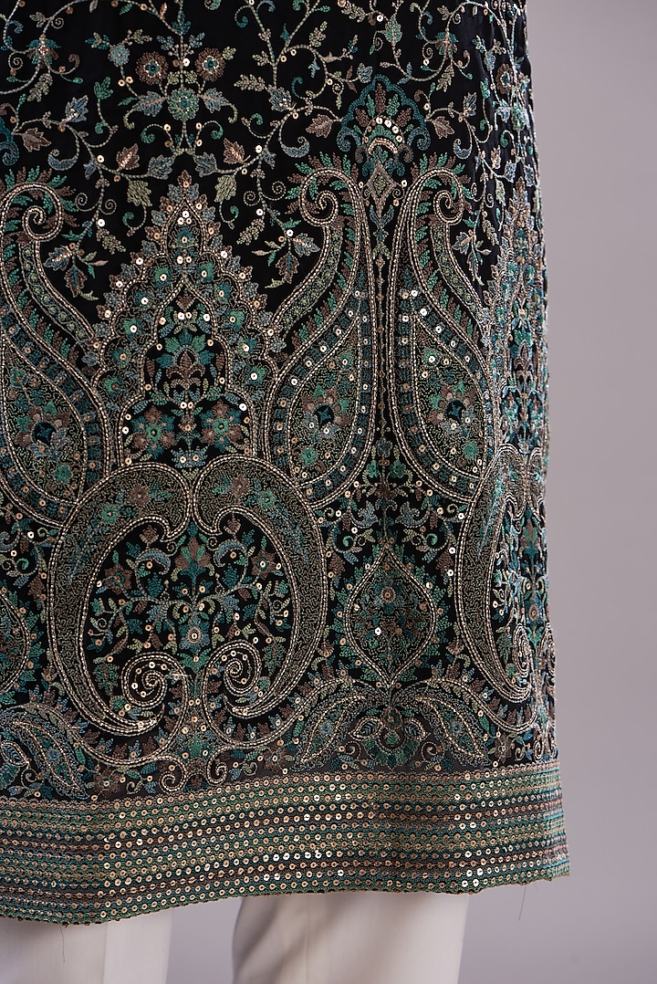 Black Georgette Thread Embroidered Kurta by Kasbah Clothing at Pernia's Pop Up Shop