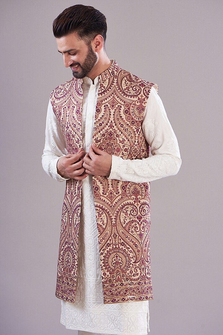 Multi-Colored Georgette Embroidered Long Indowestern Jacket by Kasbah Clothing at Pernia's Pop Up Shop