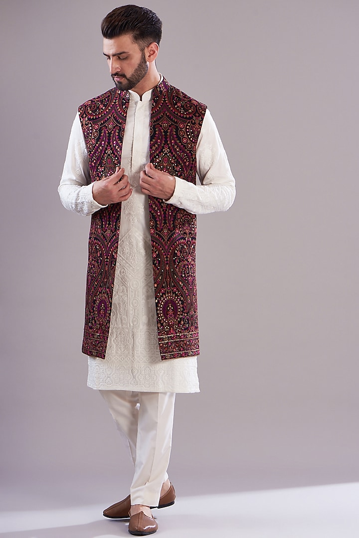 Multi-Colored Georgette Kalamkari Indowestern Jacket by Kasbah Clothing at Pernia's Pop Up Shop