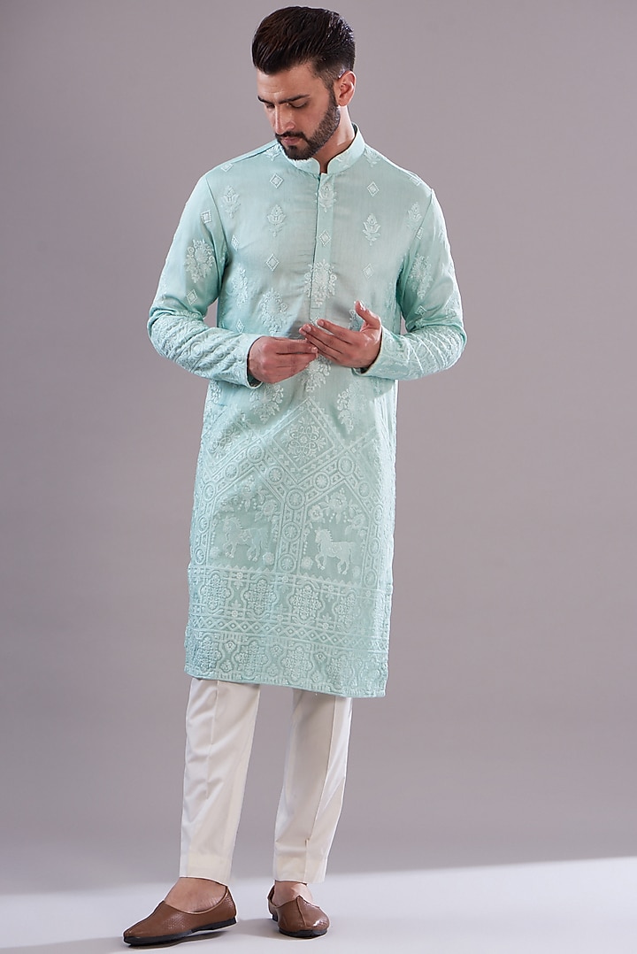 Powder Blue Silk Embroidered Kurta by Kasbah Clothing at Pernia's Pop Up Shop