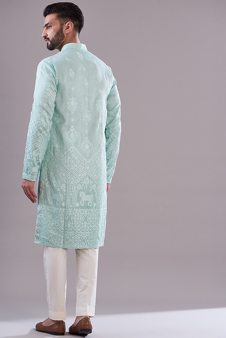 Powder Blue Silk Embroidered Kurta by Kasbah Clothing at Pernia's Pop Up Shop