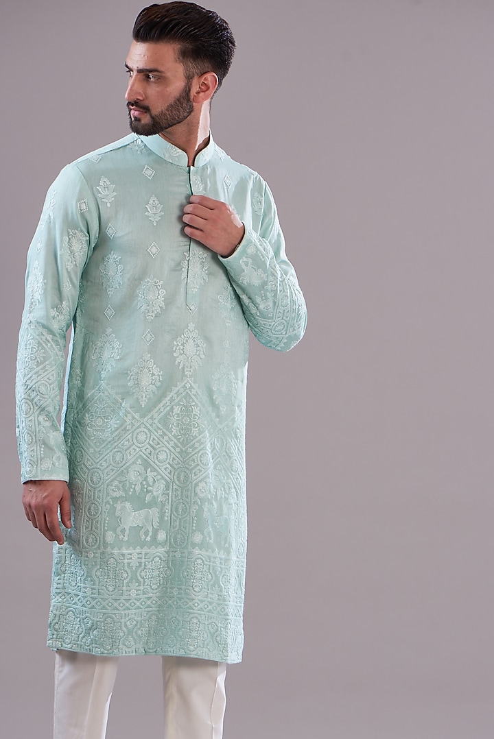 Powder Blue Silk Embroidered Kurta by Kasbah Clothing at Pernia's Pop Up Shop