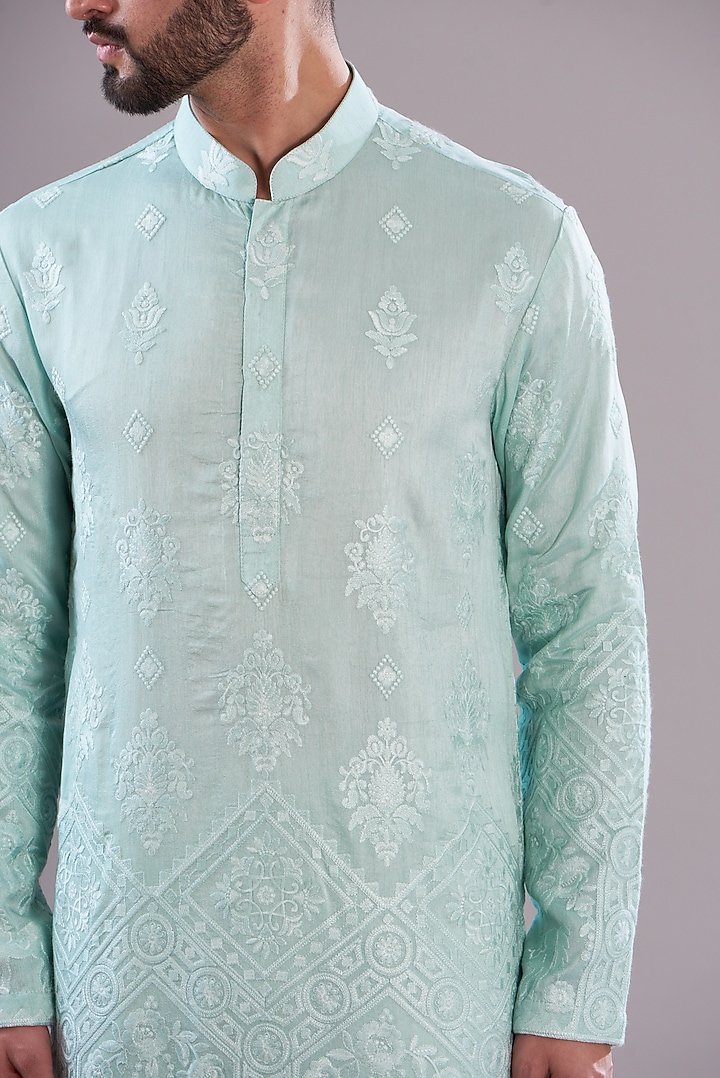 Powder Blue Silk Embroidered Kurta by Kasbah Clothing at Pernia's Pop Up Shop