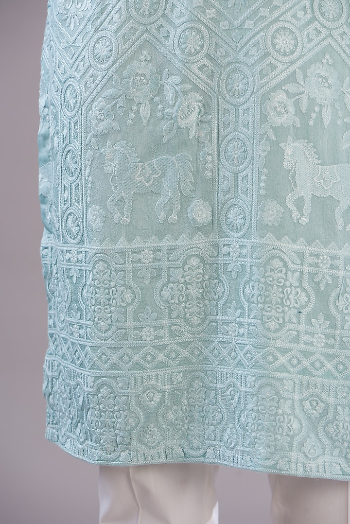 Powder Blue Silk Embroidered Kurta by Kasbah Clothing at Pernia's Pop Up Shop