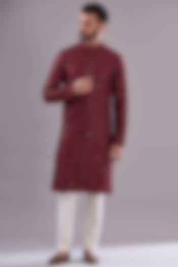Deep Maroon Silk Embroidered Kurta by Kasbah Clothing at Pernia's Pop Up Shop