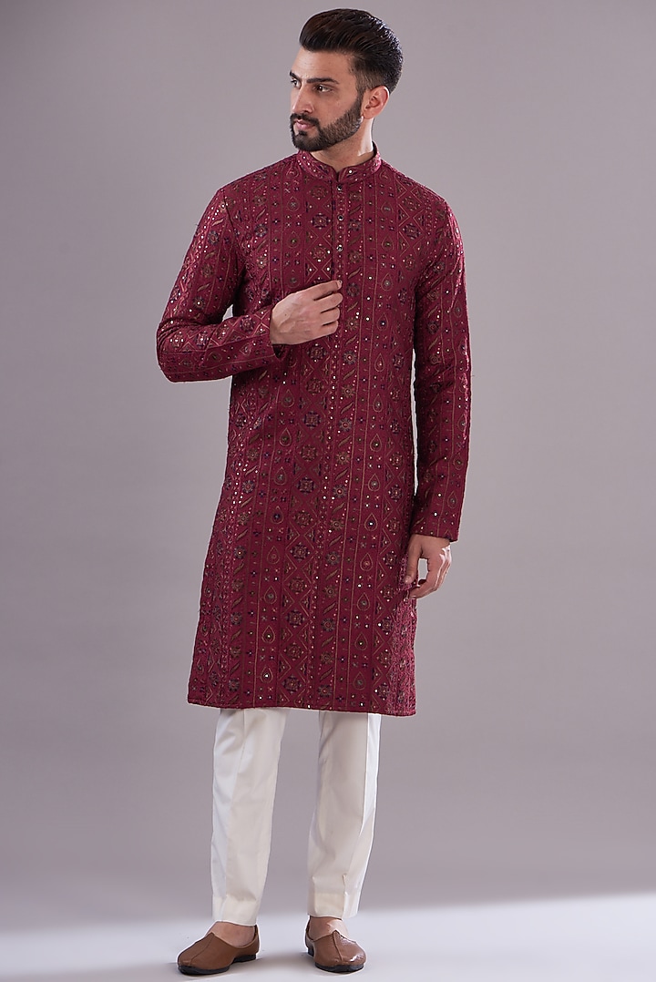 Deep Maroon Silk Embroidered Kurta by Kasbah Clothing at Pernia's Pop Up Shop