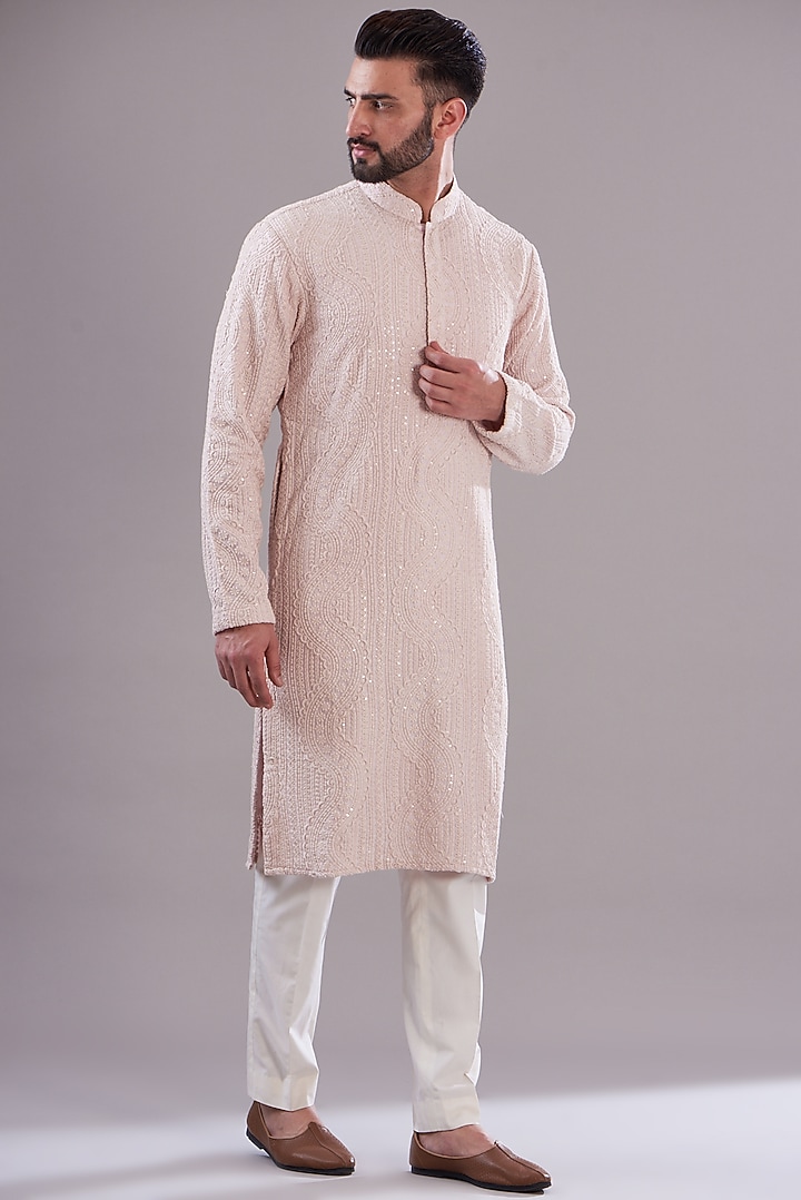 Powder Pink Silk Embroidered Kurta by Kasbah Clothing at Pernia's Pop Up Shop