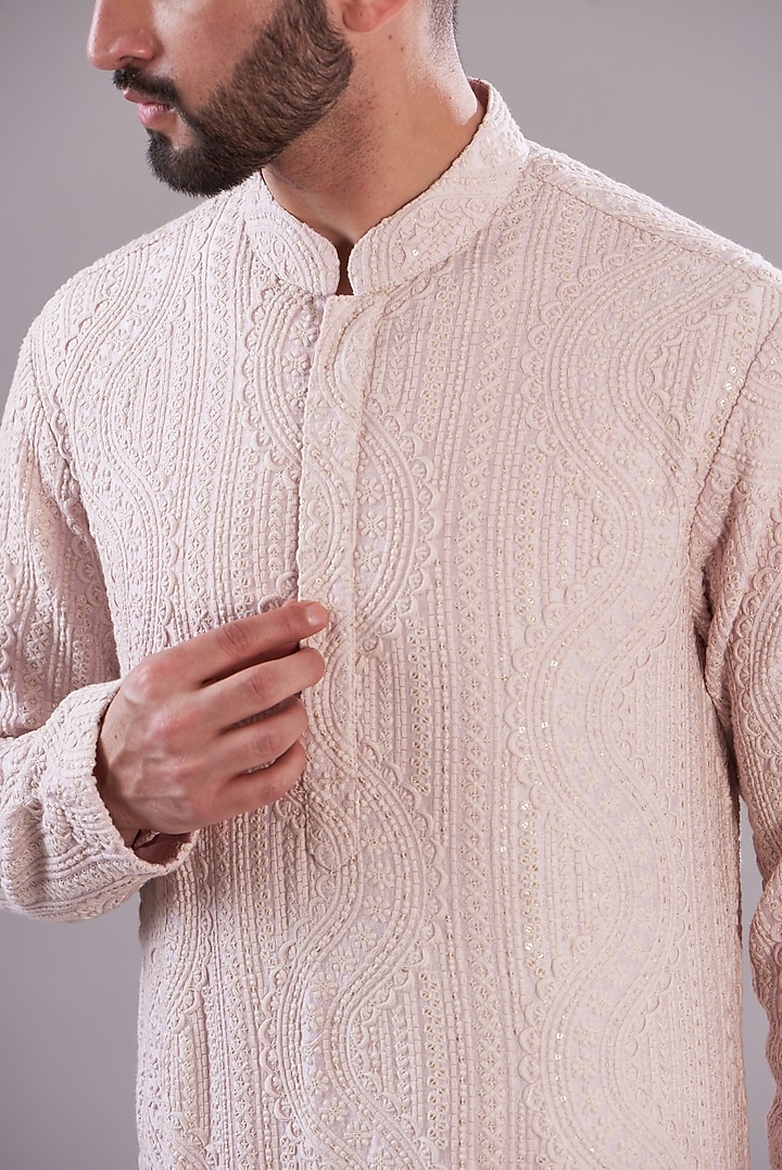 Powder Pink Silk Embroidered Kurta by Kasbah Clothing at Pernia's Pop Up Shop
