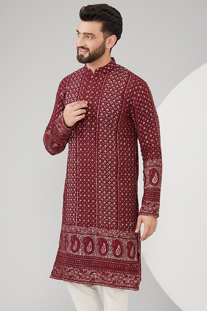 Maroon Georgette Thread Embroidered Chikankari Kurta by Kasbah Clothing at Pernia's Pop Up Shop