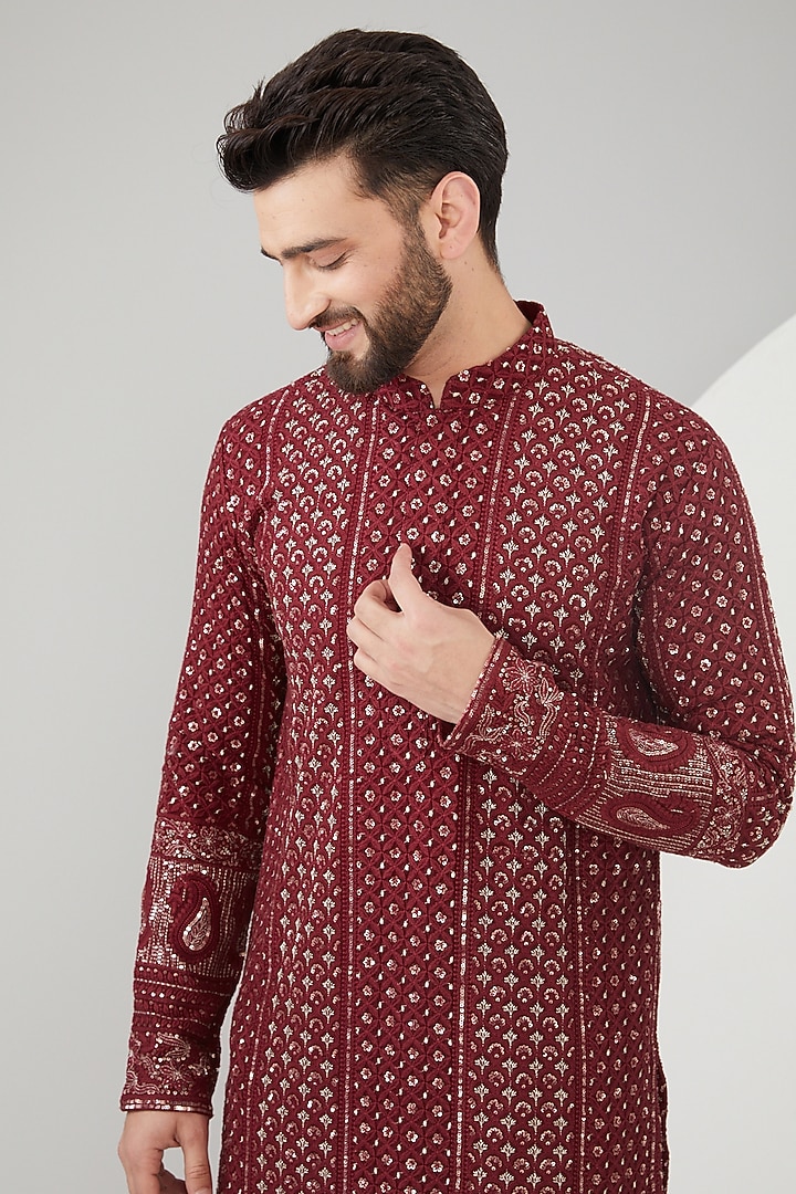 Maroon Georgette Thread Embroidered Chikankari Kurta by Kasbah Clothing at Pernia's Pop Up Shop