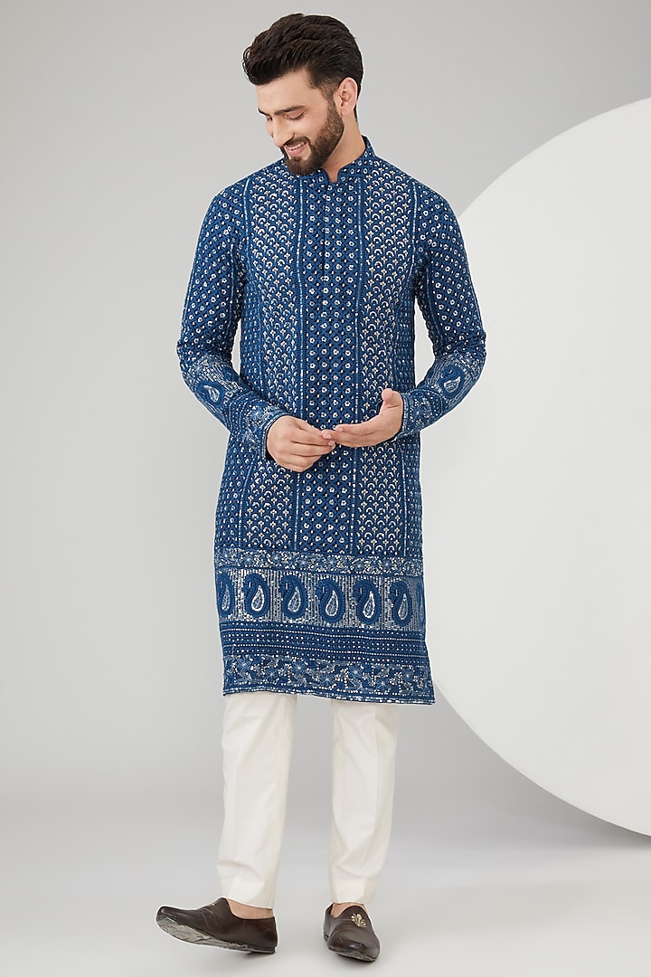 Navy Blue Georgette Thread Embroidered Chikankari Kurta by Kasbah Clothing at Pernia's Pop Up Shop