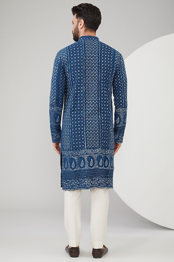 Navy Blue Georgette Thread Embroidered Chikankari Kurta by Kasbah Clothing at Pernia's Pop Up Shop