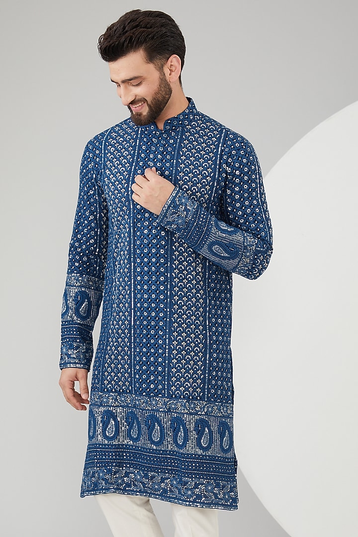 Navy Blue Georgette Thread Embroidered Chikankari Kurta by Kasbah Clothing at Pernia's Pop Up Shop