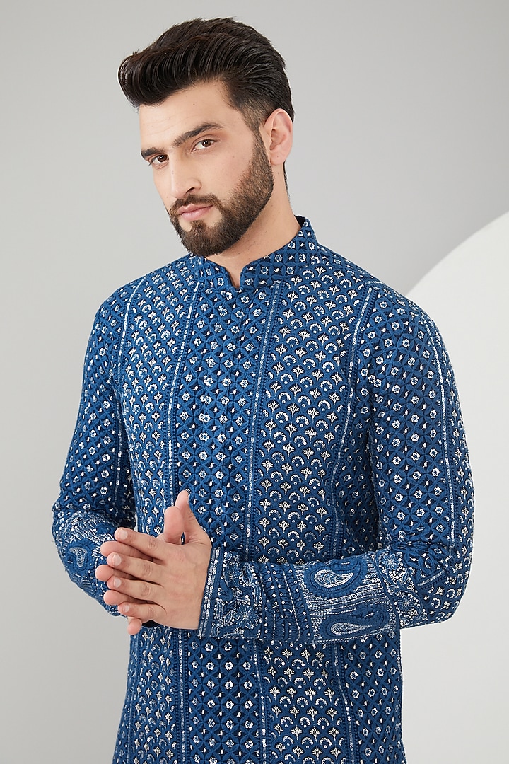 Navy Blue Georgette Thread Embroidered Chikankari Kurta by Kasbah Clothing at Pernia's Pop Up Shop