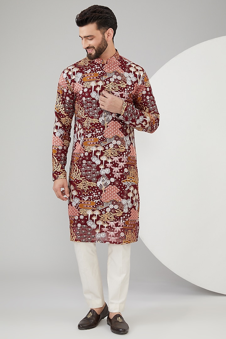 Maroon Georgette Floral Embroidered Kurta by Kasbah Clothing