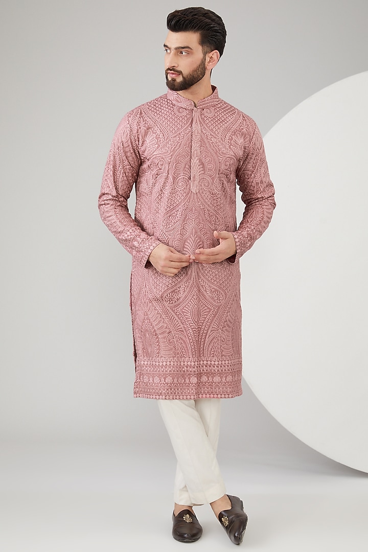 Mud Pink Silk Thread Embroidered Chikankari Kurta by Kasbah Clothing