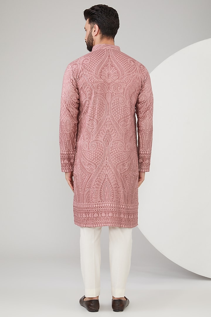 Mud Pink Silk Thread Embroidered Chikankari Kurta by Kasbah Clothing at Pernia's Pop Up Shop