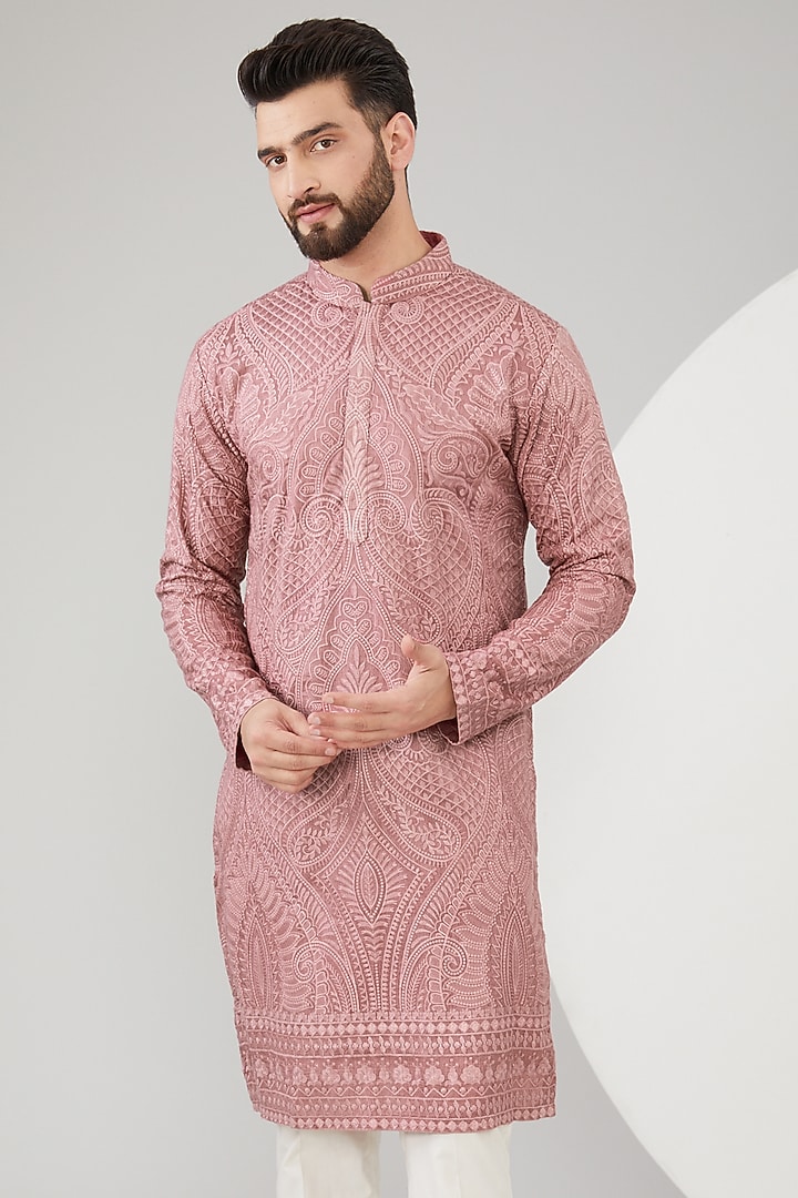 Mud Pink Silk Thread Embroidered Chikankari Kurta by Kasbah Clothing at Pernia's Pop Up Shop