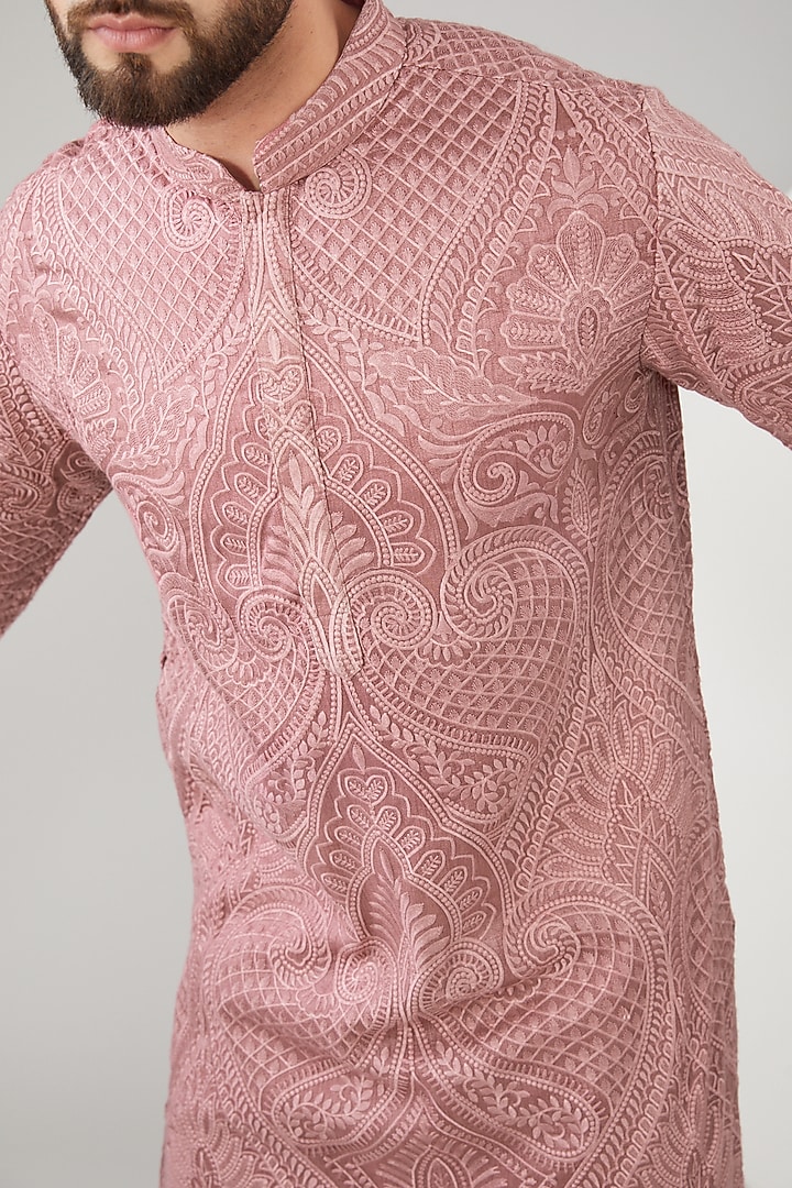 Mud Pink Silk Thread Embroidered Chikankari Kurta by Kasbah Clothing at Pernia's Pop Up Shop