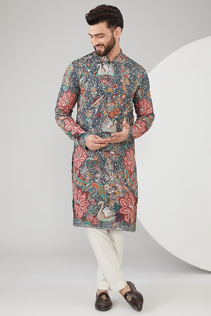 Teal Blue Georgette Floral Embroidered Kurta by Kasbah Clothing