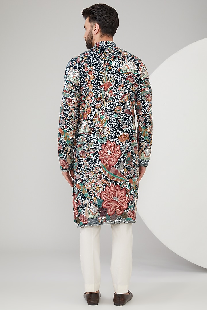 Teal Blue Georgette Floral Embroidered Kurta by Kasbah Clothing at Pernia's Pop Up Shop