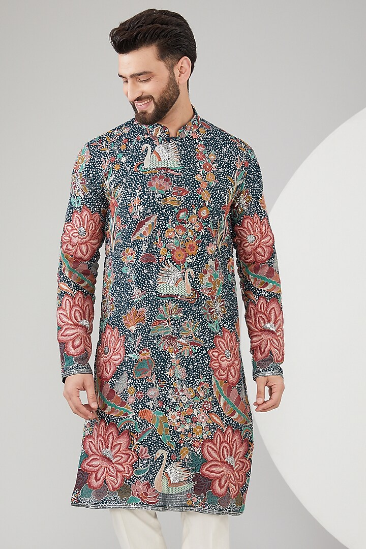 Teal Blue Georgette Floral Embroidered Kurta by Kasbah Clothing at Pernia's Pop Up Shop